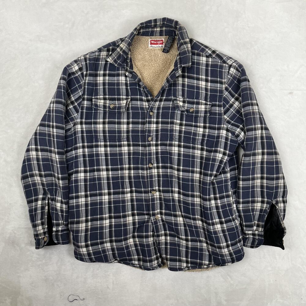 Wrangler Jacket Mens Large Blue Plaid Sherpa Lined Flannel Shacket